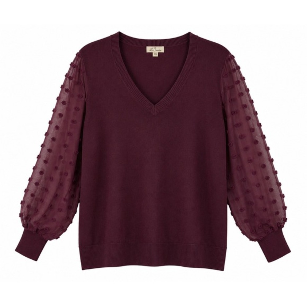 Le Serein Burgundy Swiss‎ Dot Mesh Sleeve V-Neck Sweater Plus Size 3X NWT